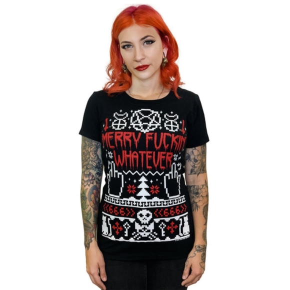 Too Fast Merry Fckn Whatever Xmas Black Graphic T-Shirt NWT - Picture 2 of 3
